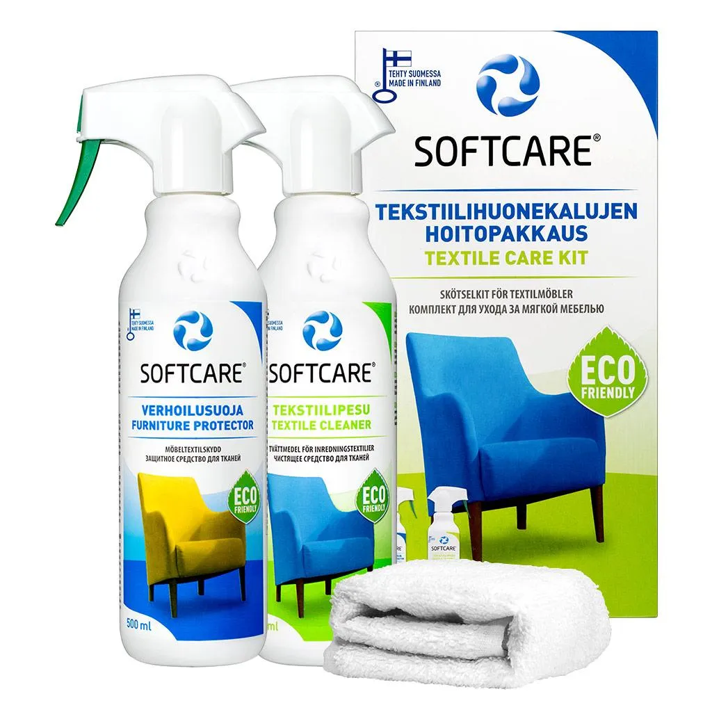 Softcare Tekstiilien hoitopakkaus, joka sisältää pesu- ja suoja-aineet